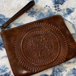 Patricia Nash Brown Embossed Leather Large Wristlet